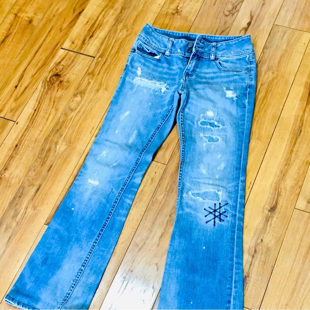 Distressed denim wide leg jeans 2 medium wash denim stretch blue